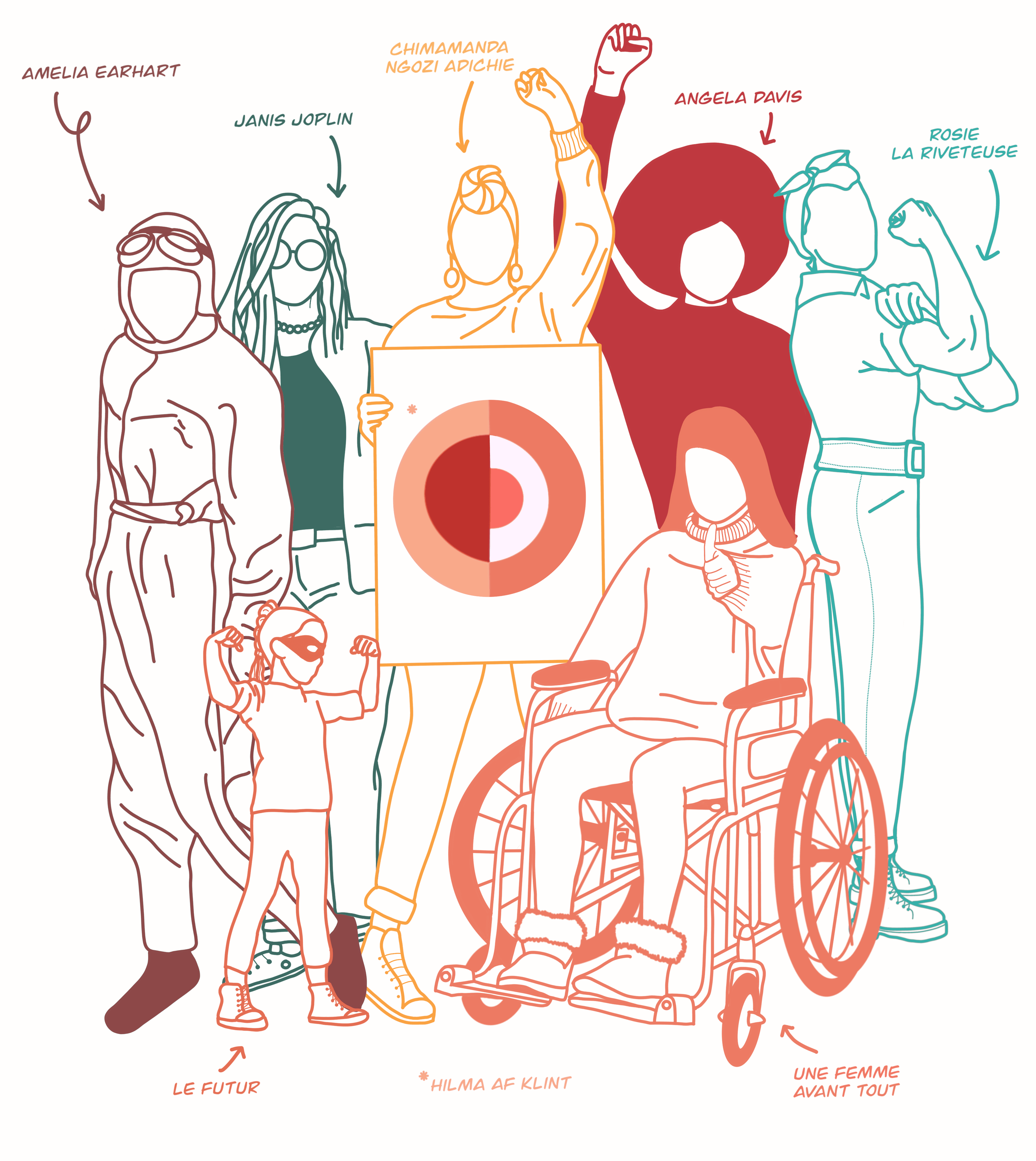 Illustration : figures féminines emblématiques — Amelia Earhart, Janis Joplin, Chimamanda Ngozi Adichie, Angela Davis, Rosie la Riveteuse.