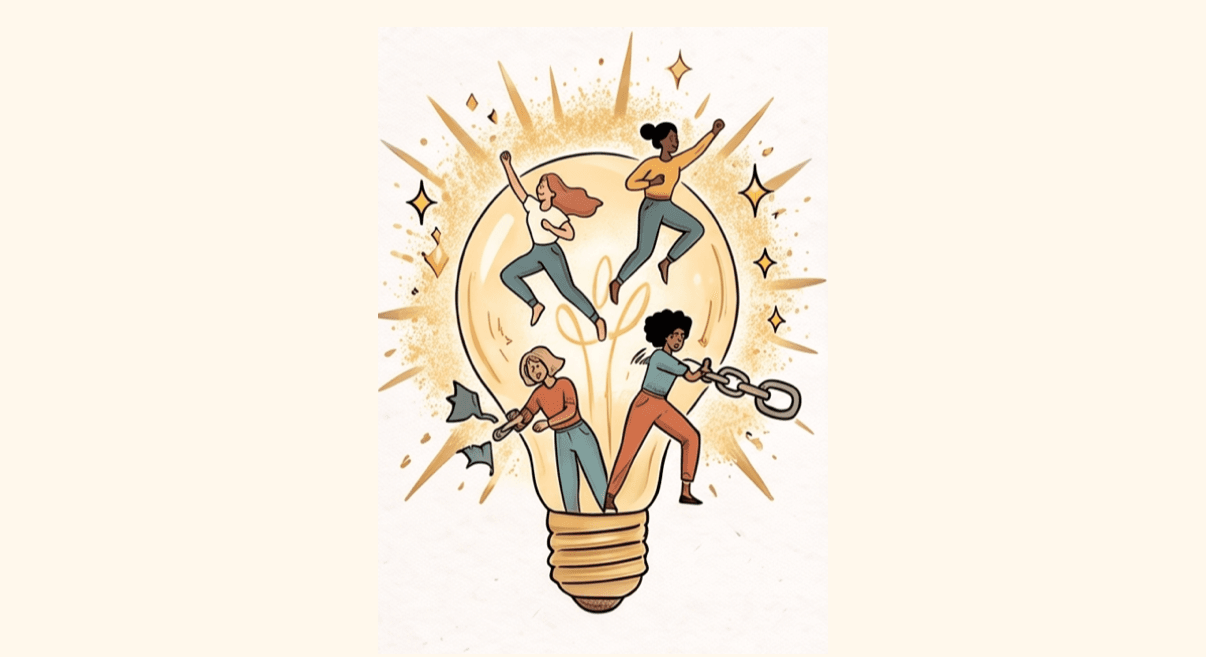 Illustration : des femmes s’élancent d’une ampoule et brisent leurs chaînes.