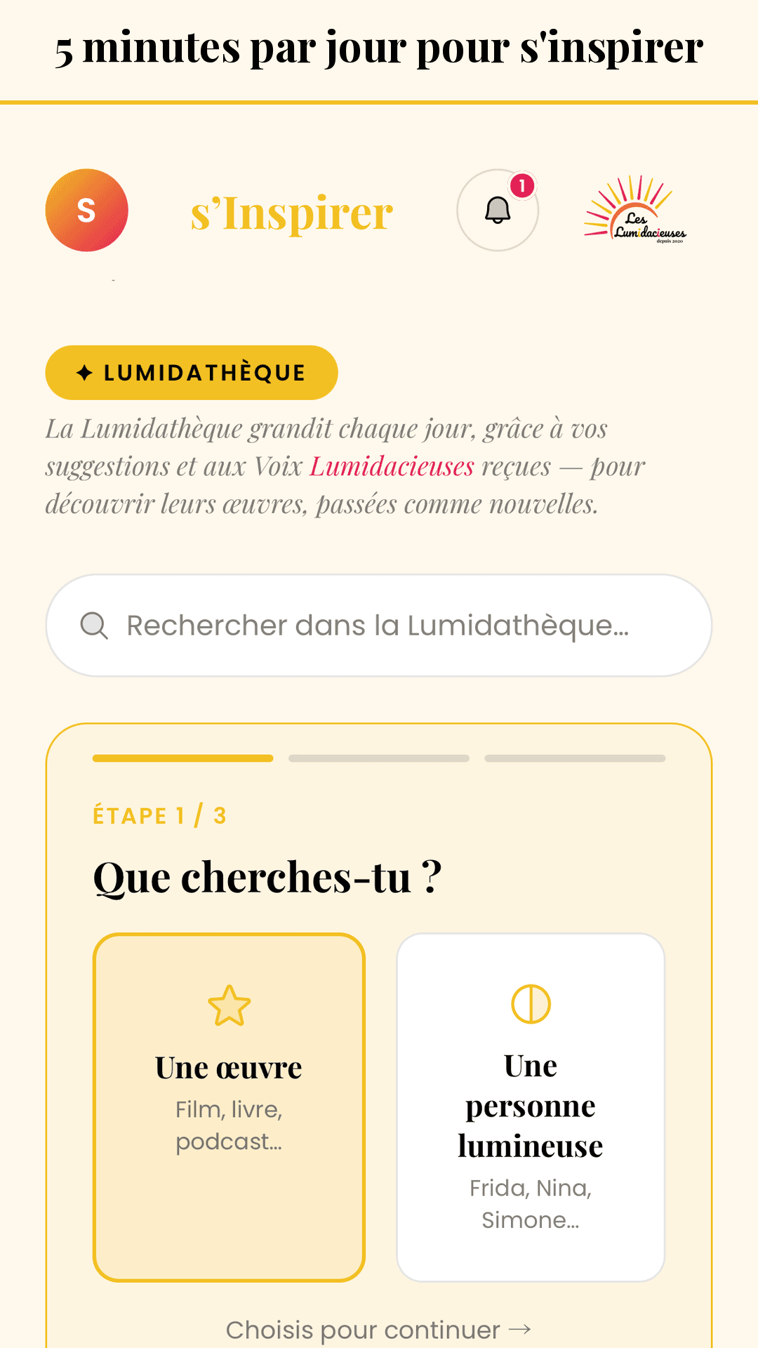 Aperçu de l’application Les Lumidacieuses — l’écran « s’Inspirer », la Lumidathèque.