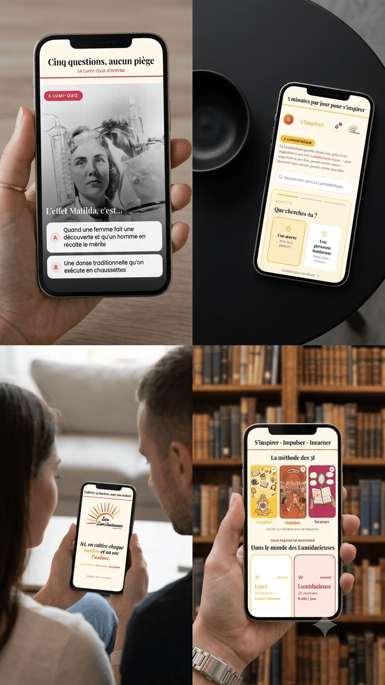 Aperçu de l’application Les Lumidacieuses : le Lumi-Quiz d’entrée, la Lumidathèque et la méthode des 3I (S’inspirer, Impulser, Incarner).